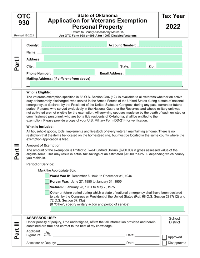 Application For Veterans Exemption Personal Property screenshot