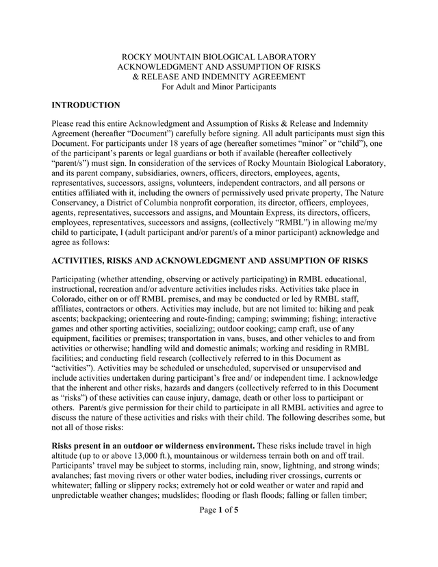 Rocky Mountain Biological Laboratory Acknowledgment And Assumption Of Risks  Release And Indemnity A screenshot