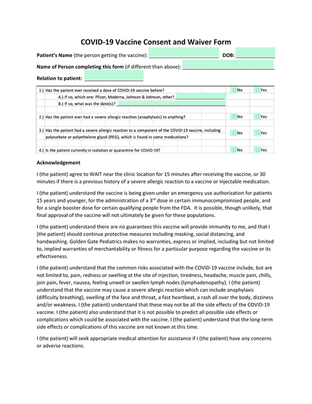 COVID 19 Vaccine Consent And Waiver Form screenshot