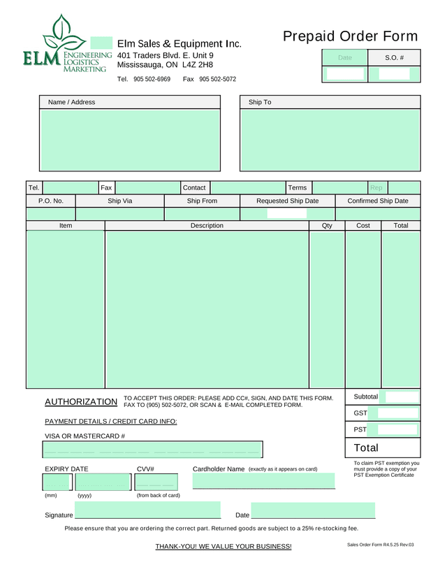 Prepaid Order Form screenshot