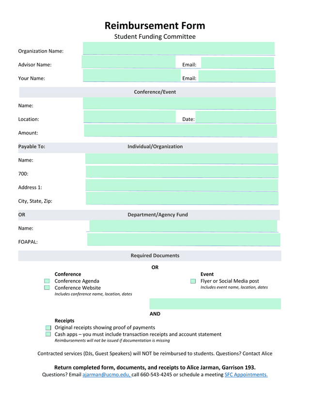 Reimbursement Form screenshot