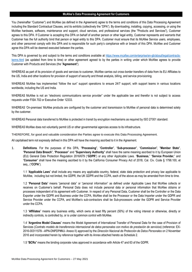 McAfee Data Processing Agreement For Customers screenshot