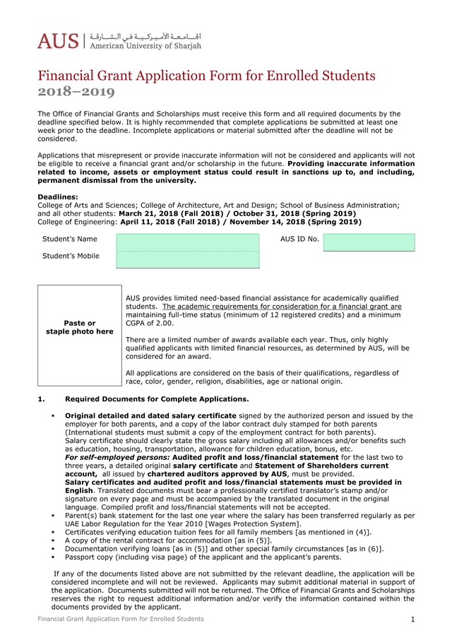 Financial Grant Application Form For Enrolled Students screenshot