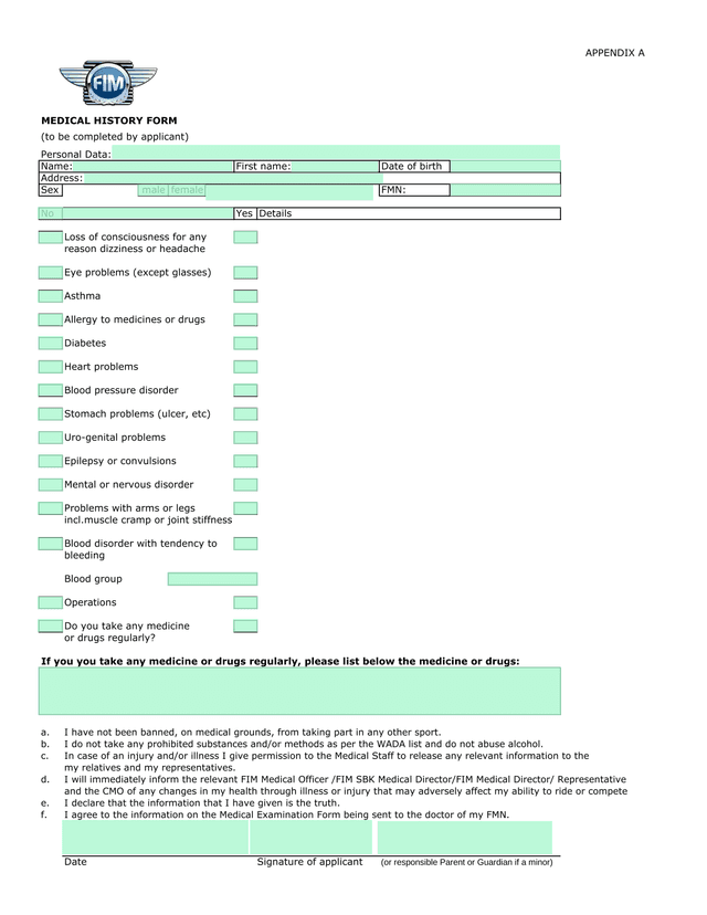 Medical History Form screenshot