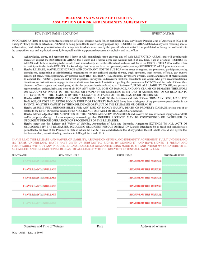 Release And Waiver Of Liability, Assumption Of Risk And Indemnity Agreement screenshot
