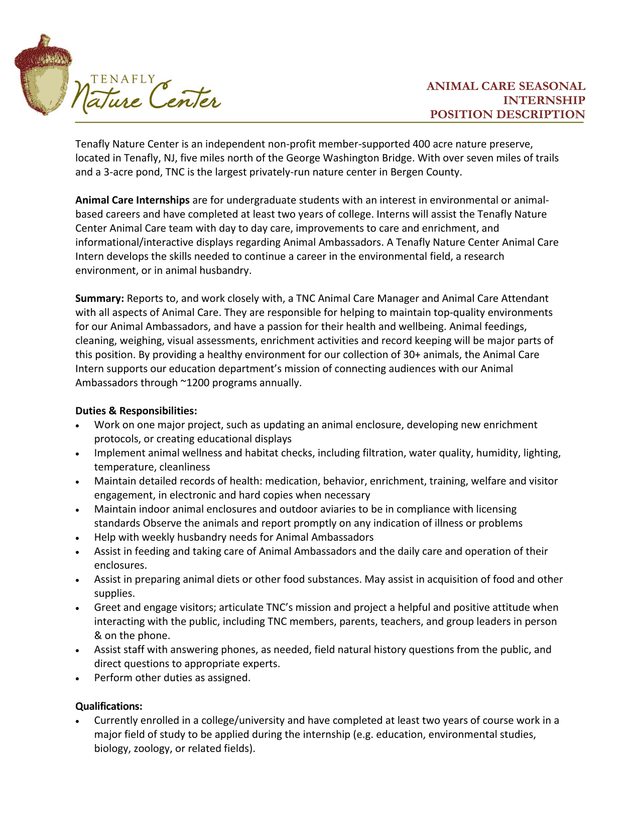 Animal Care Seasonal Internship Position Description screenshot