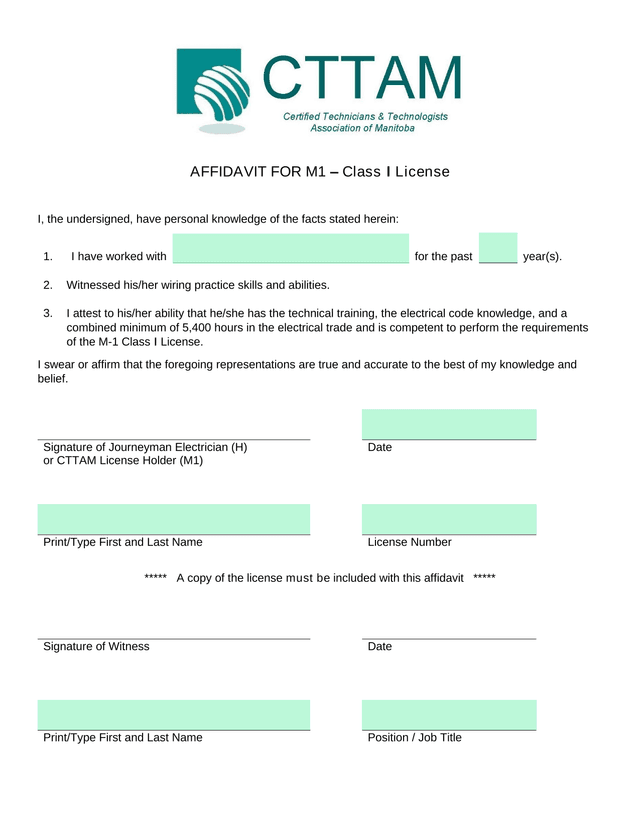 AFFIDAVIT FOR M1  Class I License screenshot
