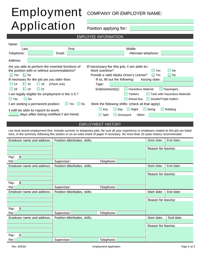 Employment Application screenshot