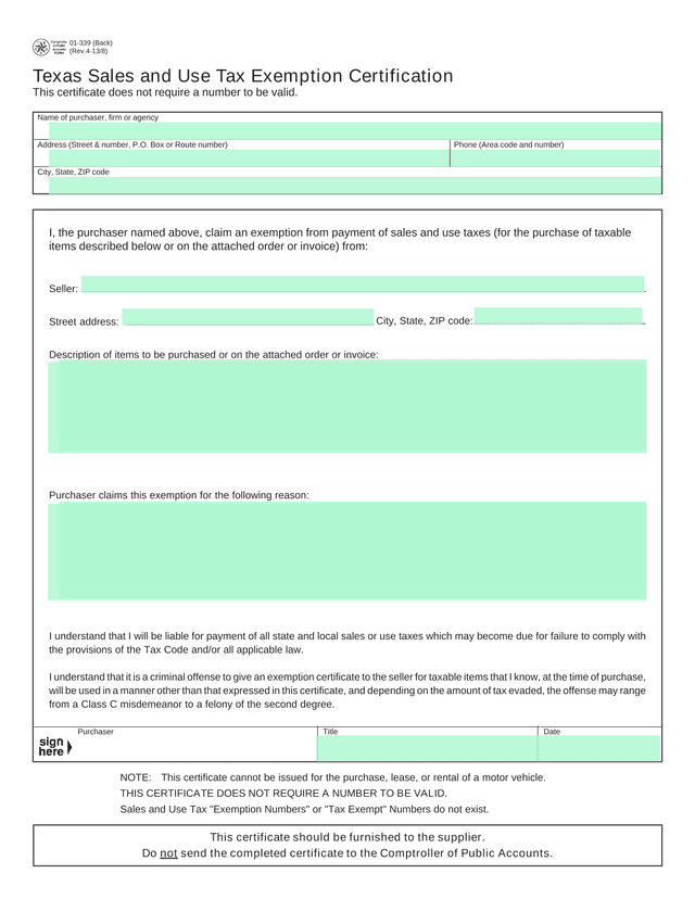 Texas Sales And Use Tax Exemption Certification screenshot
