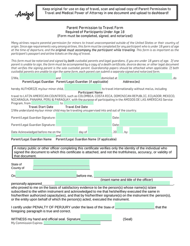 Parent Permission To Travel Form screenshot