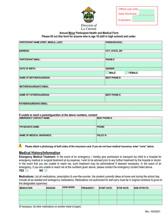 Annual Minor Participant Health And Medical Form screenshot