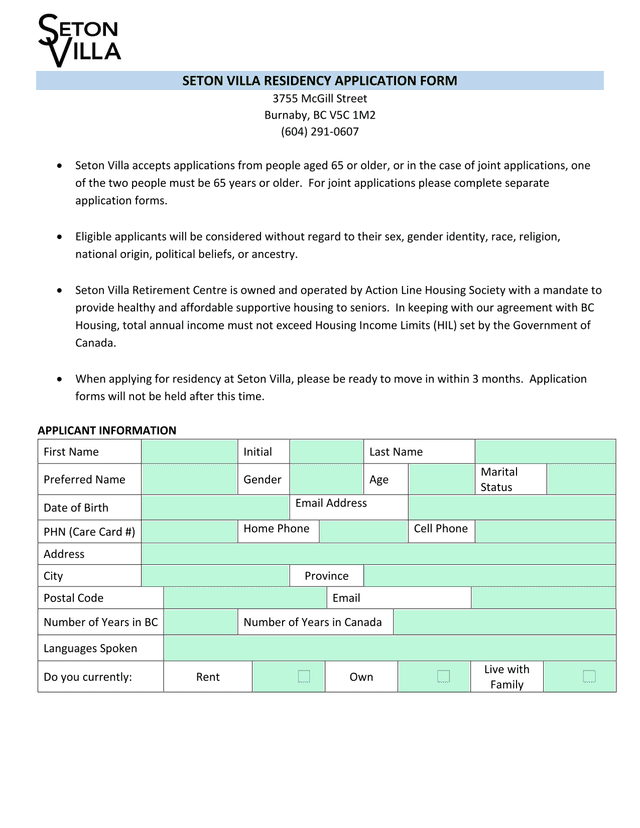 Seton Villa Residency Application Form screenshot