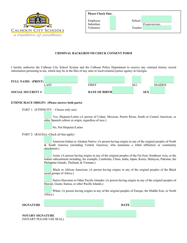 Criminal Background Check Consent Form screenshot