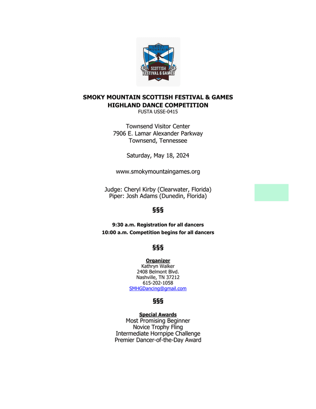 SMOKY MOUNTAIN SCOTTISH FESTIVAL  GAMES HIGHLAND DANCE COMPETITION ENTRY FORM screenshot