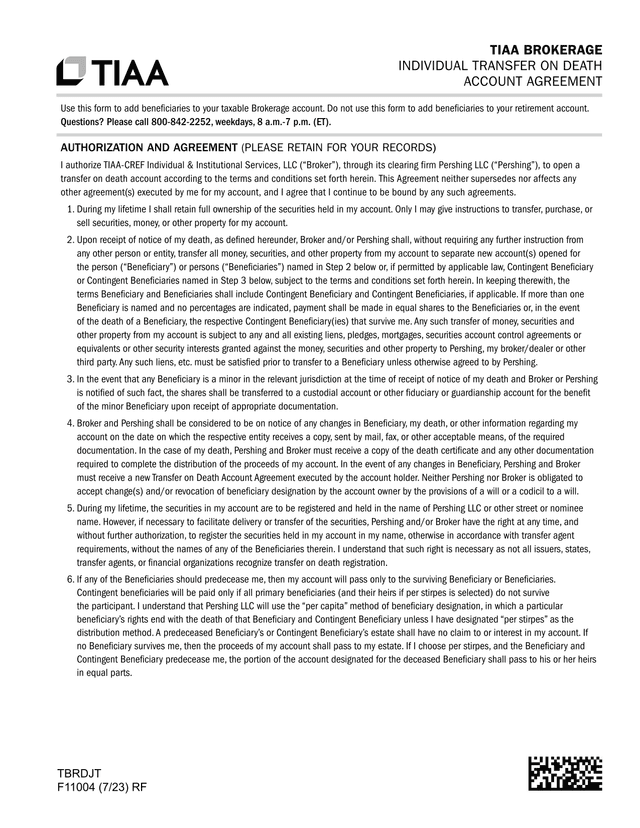 TIAA BROKERAGE INDIVIDUAL TRANSFER ON DEATH ACCOUNT AGREEMENT screenshot