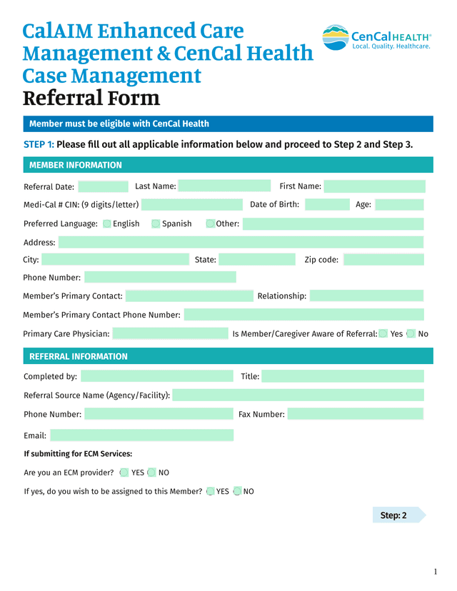 CalAIM Enhanced Care Management  CenCal Health Case Management Referral Form screenshot