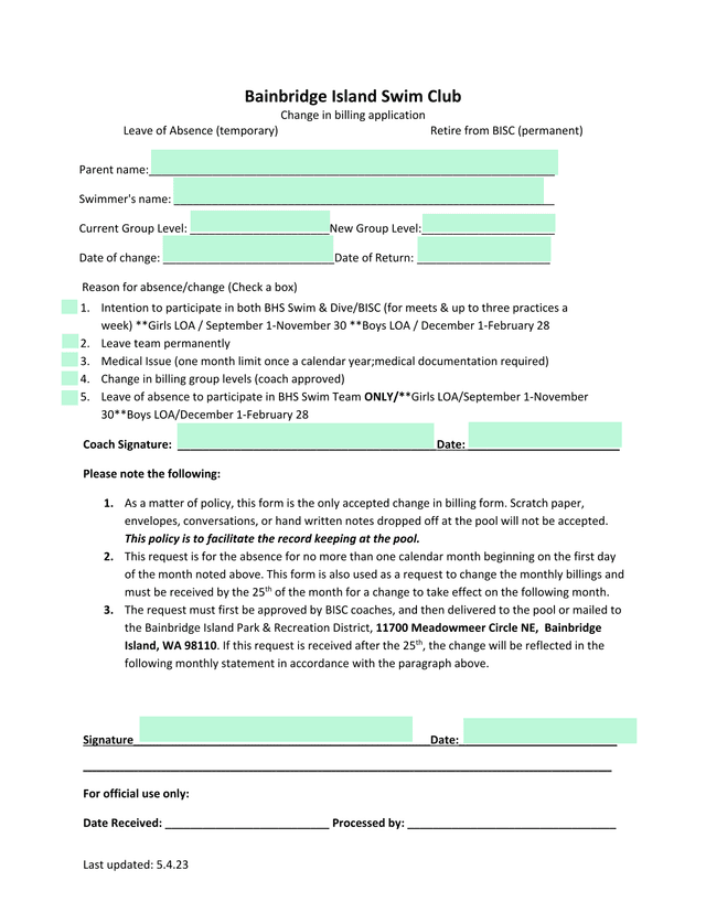 Bainbridge Island Swim Club Change In Billing Application screenshot