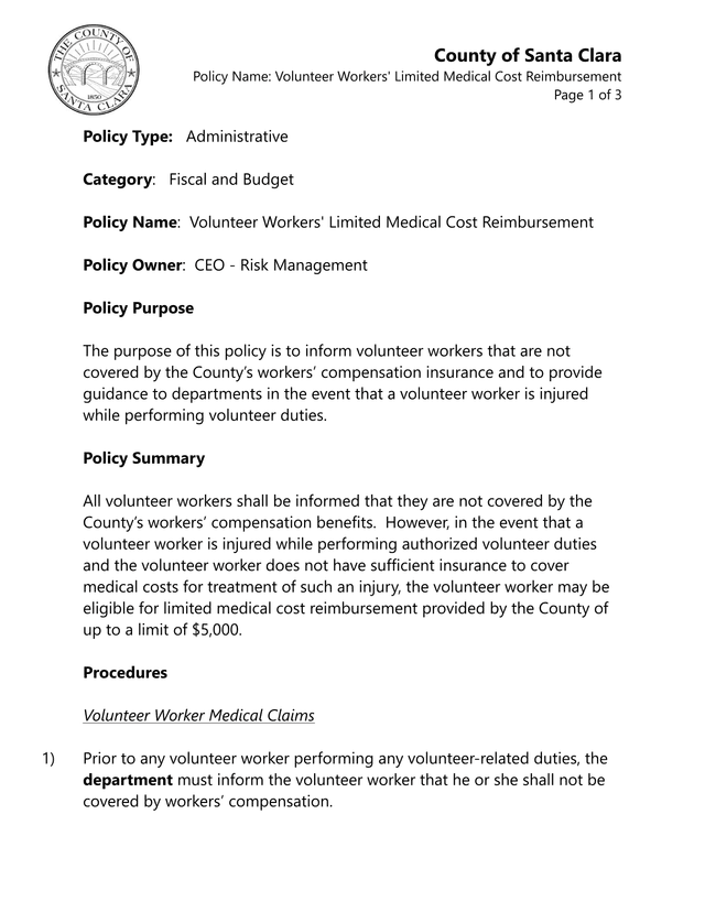 Volunteer Workers Limited Medical Cost Reimbursement Policy screenshot