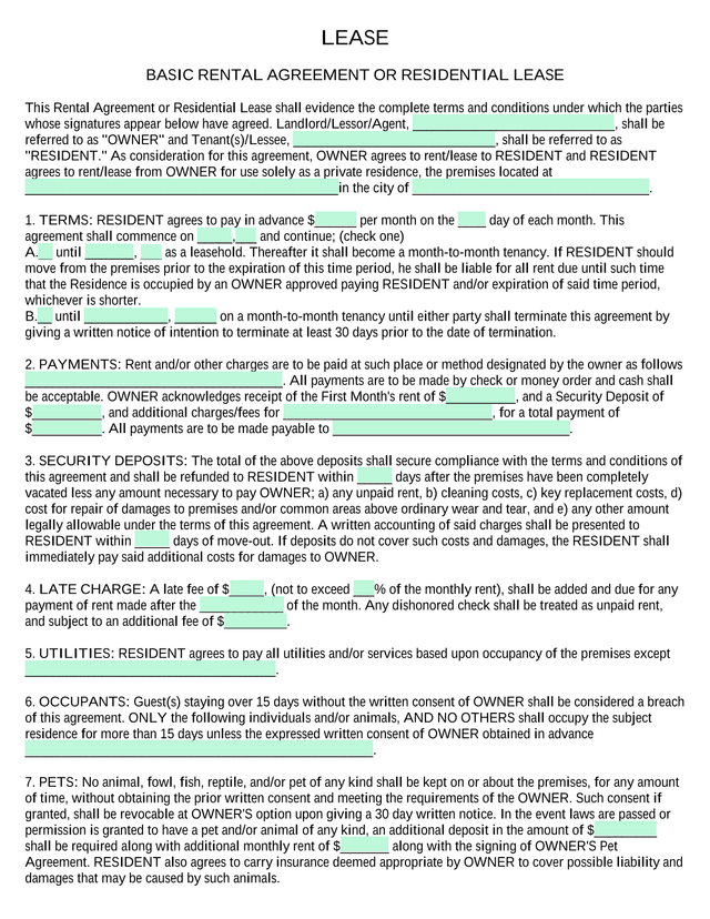 Basic Rental Agreement Or Residential Lease screenshot
