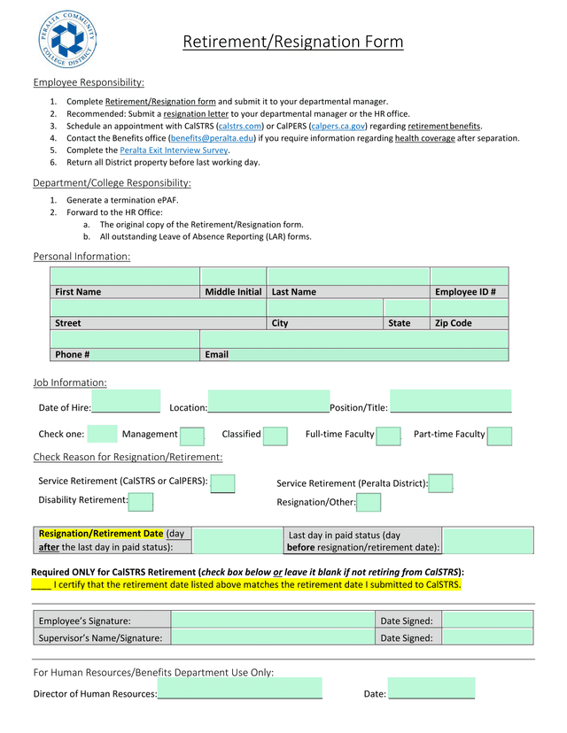 RetirementResignation Form screenshot
