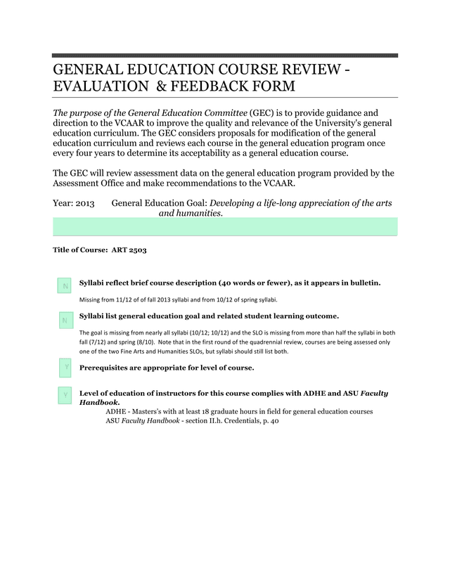 GENERAL EDUCATION COURSE REVIEW   EVALUATION  FEEDBACK FORM screenshot