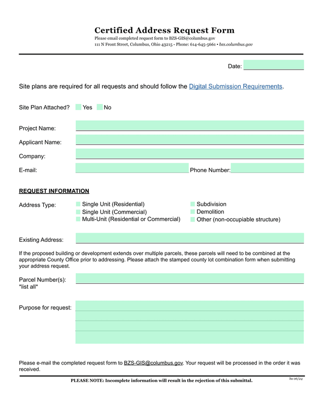 Certified Address Request Form screenshot