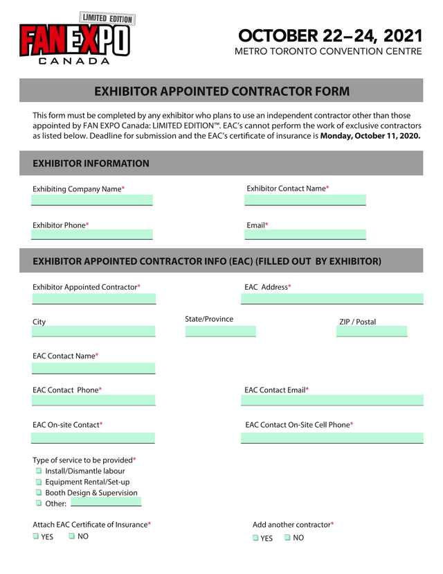 Exhibitor Appointed Contractor Form screenshot