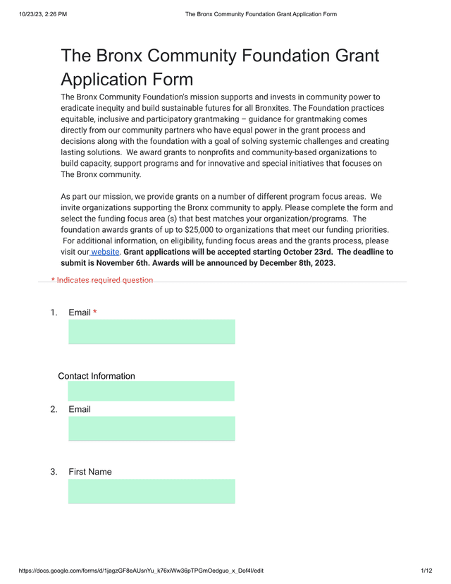 The Bronx Community Foundation Grant Application Form screenshot