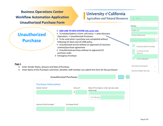 Unauthorized Purchase Form screenshot
