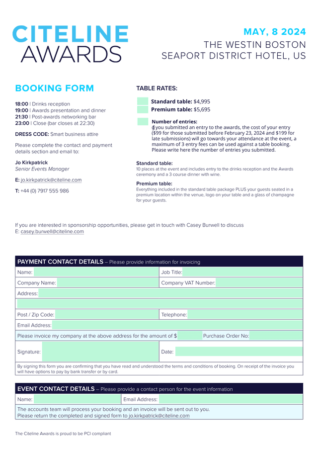 Citeline Awards Booking Form screenshot