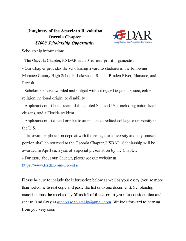 Daughters Of The American Revolution Osceola Chapter Scholarship Application screenshot