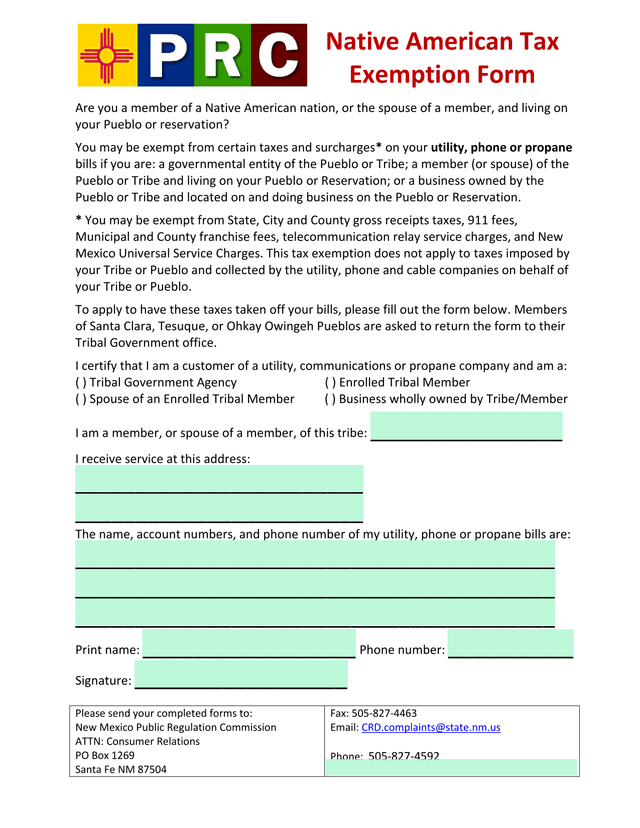 Native American Tax Exemption Form screenshot