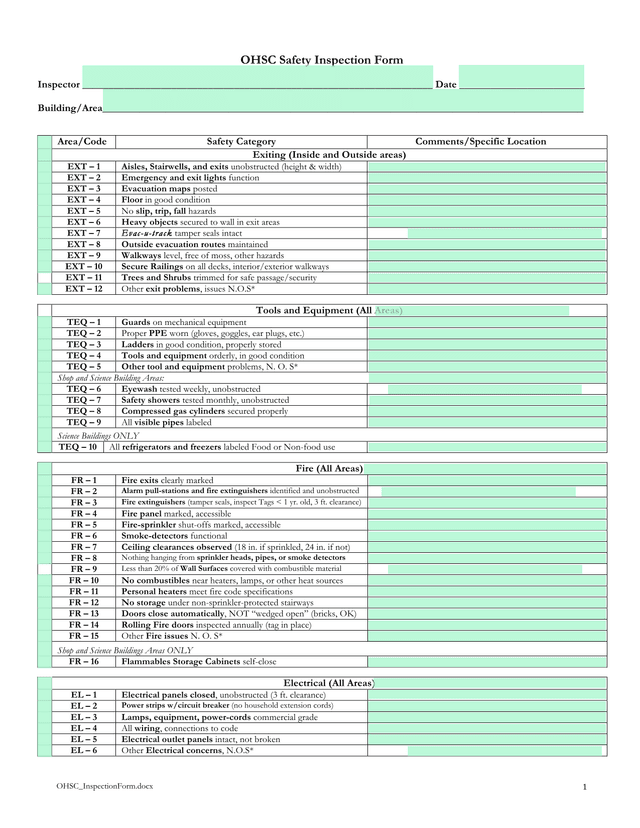 OHSC Safety Inspection Form screenshot