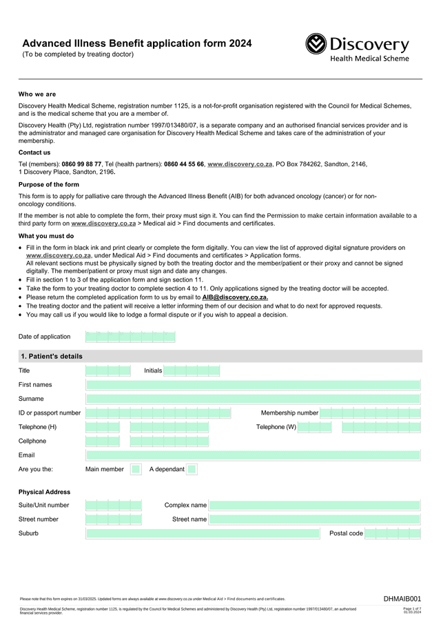 Palliative Care Application Form screenshot