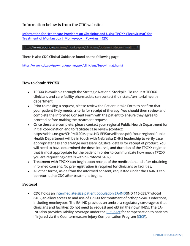 Information For Healthcare Providers On Obtaining And Using TPOXX (Tecovirimat) For Treatment Of Mon screenshot