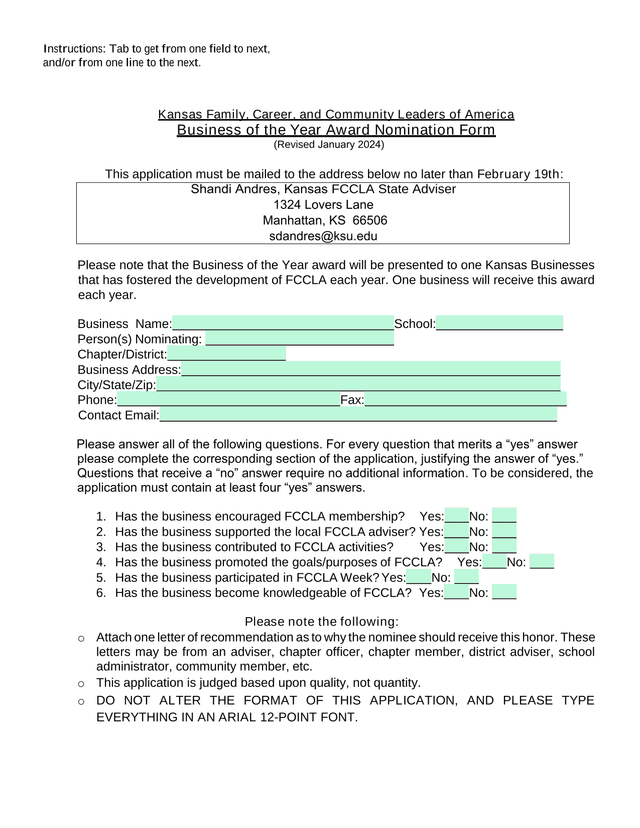 Kansas Family, Career, And Community Leaders Of America Business Of The Year Award Nomination Form screenshot
