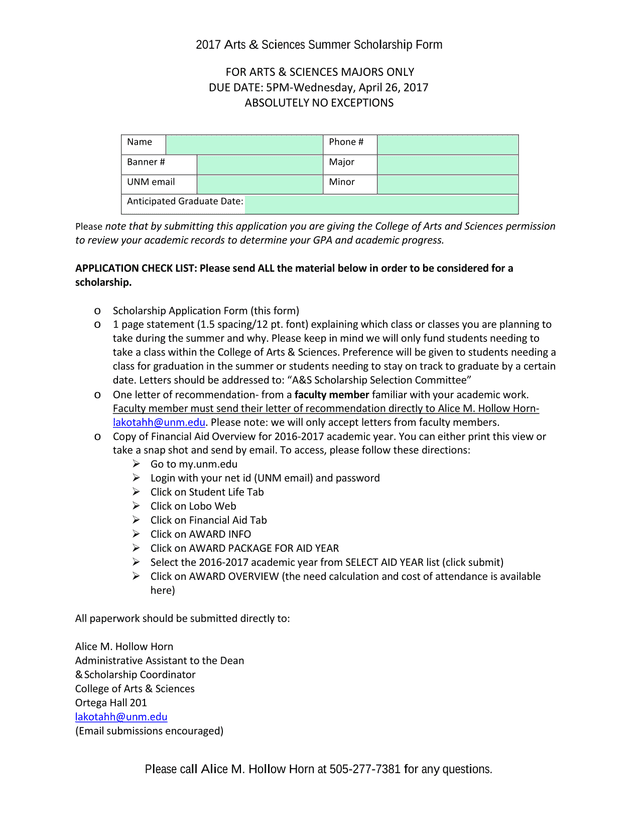 2017 Arts  Sciences Summer Scholarship Form screenshot