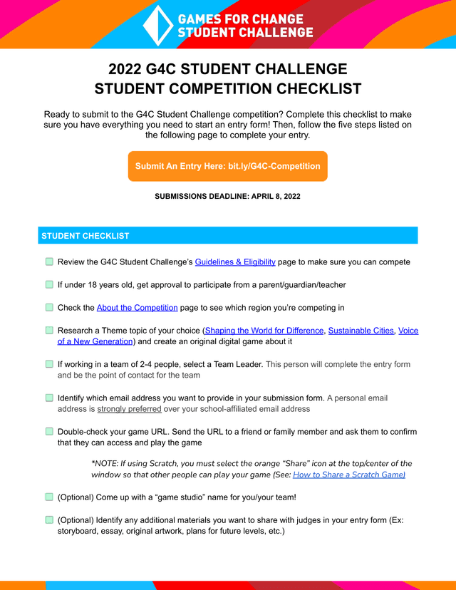 2022 G4C Student Challenge Student Competition Checklist screenshot