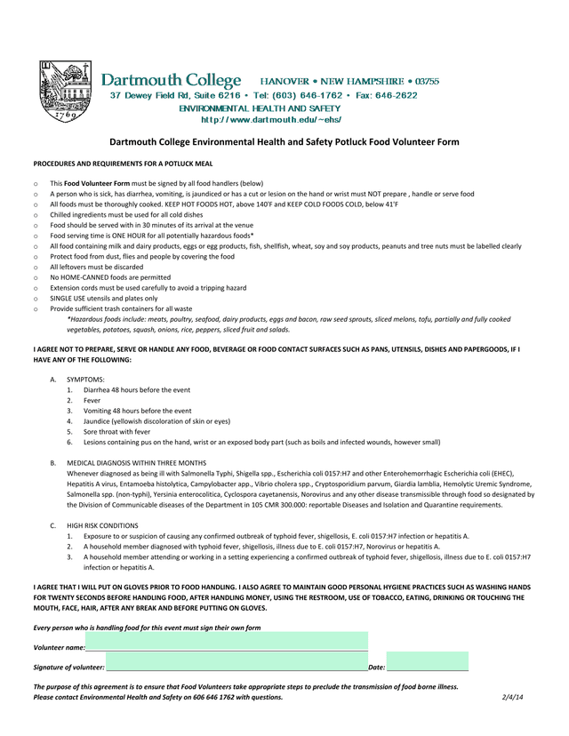 Dartmouth College Environmental Health And Safety Potluck Food Volunteer Form screenshot