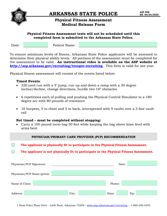 Physical Fitness Assessment Medical Release Form screenshot