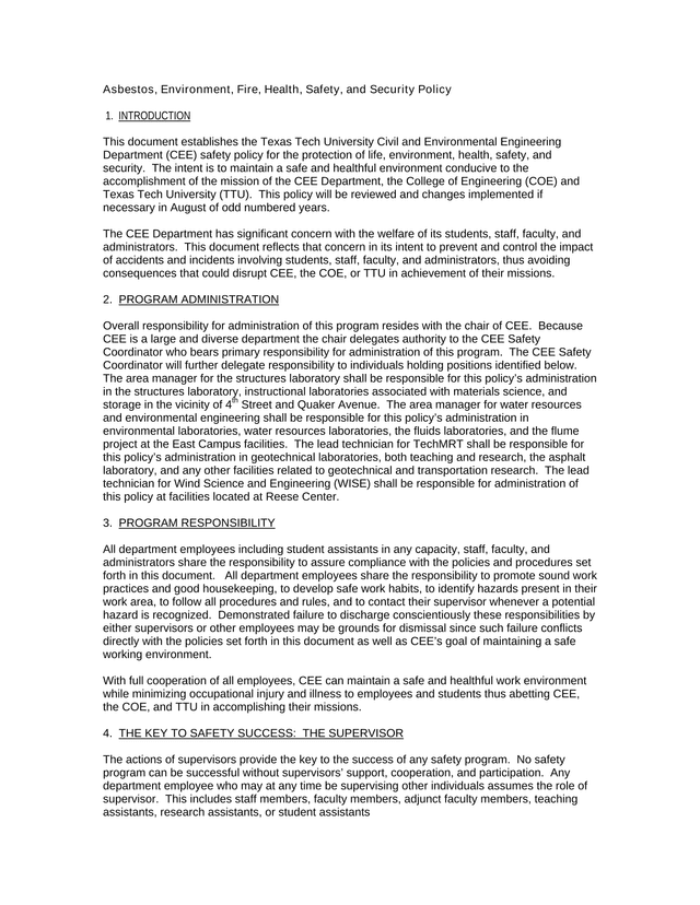 Asbestos, Environment, Fire, Health, Safety, And Security Policy screenshot