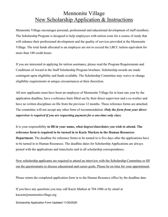 Mennonite Village New Scholarship Program Application screenshot