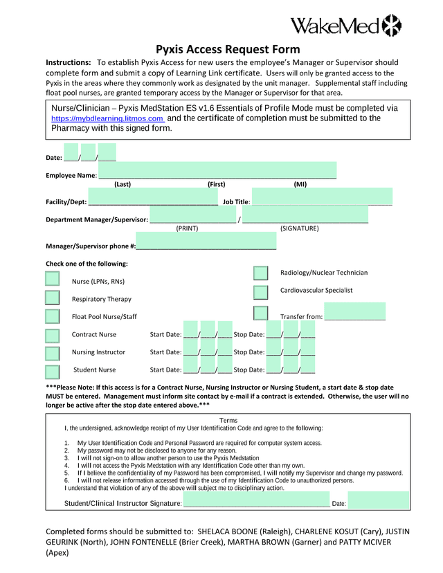Pyxis Access Request Form screenshot
