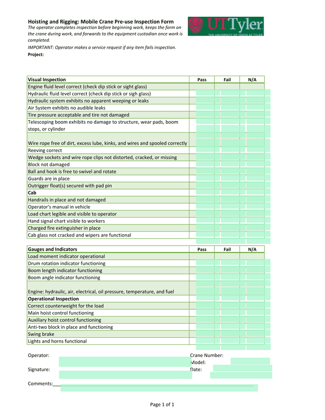 Hoisting And Rigging Mobile Crane Pre Use Inspection Form screenshot