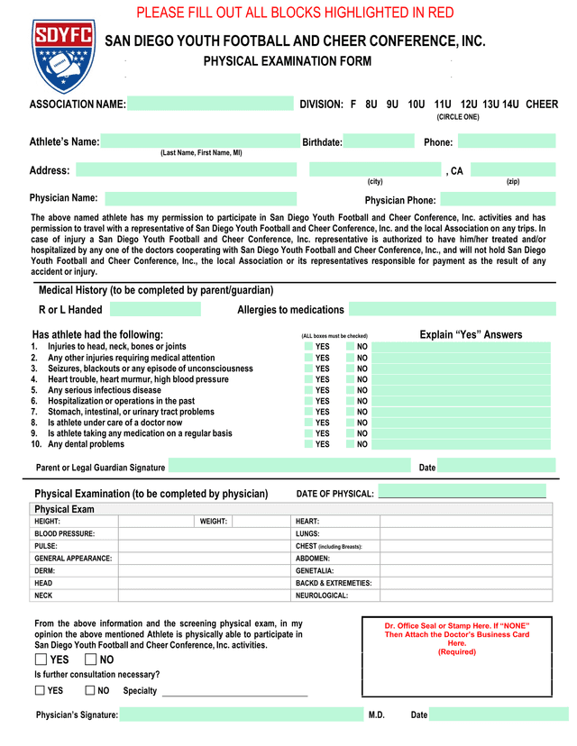 Physical Examination Form screenshot