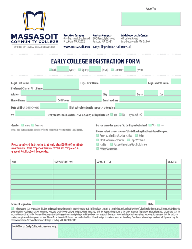 Early College Registration Form screenshot