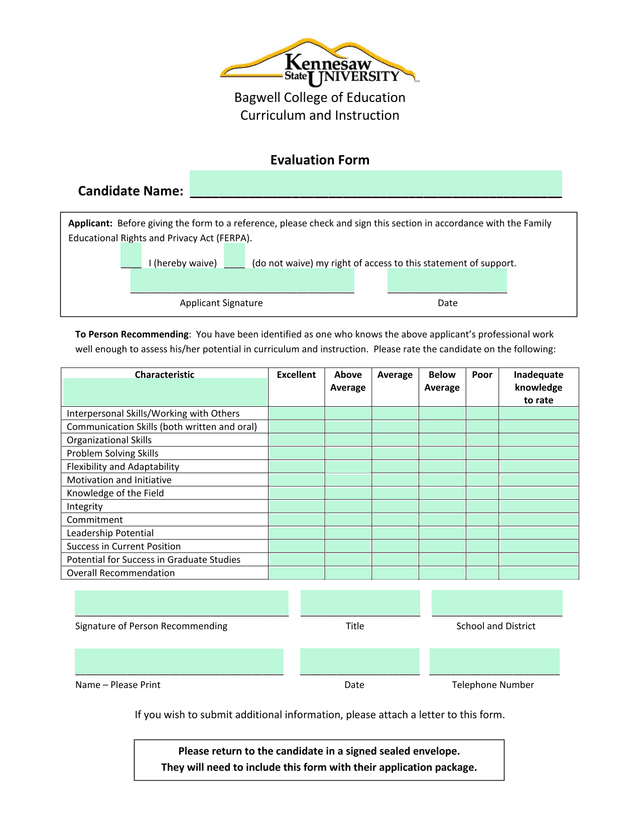 Evaluation Form screenshot