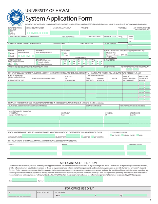 University Of HawaiI System Application Form screenshot