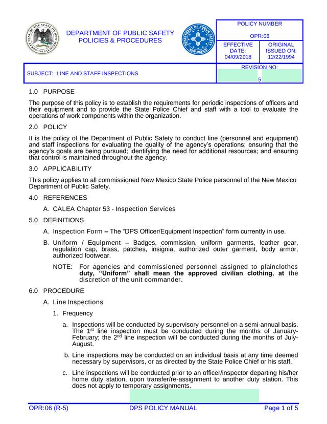 DPS Policy Manual   Line And Staff Inspections screenshot