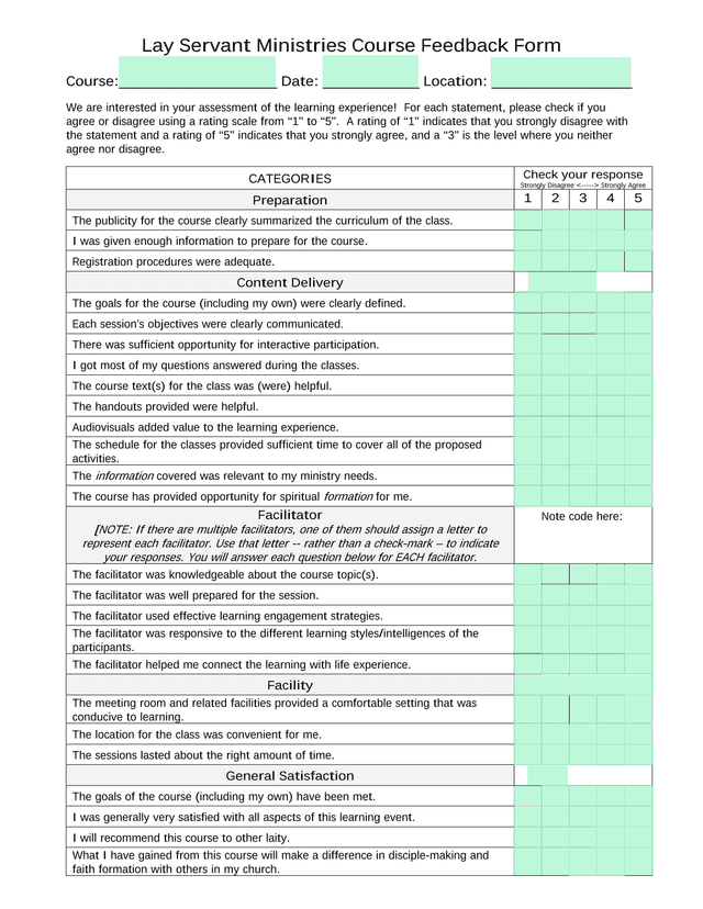 Lay Servant Ministries Course Feedback Form screenshot